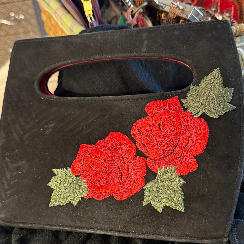 Elegant Black Handbag with Red Rose Embroidery